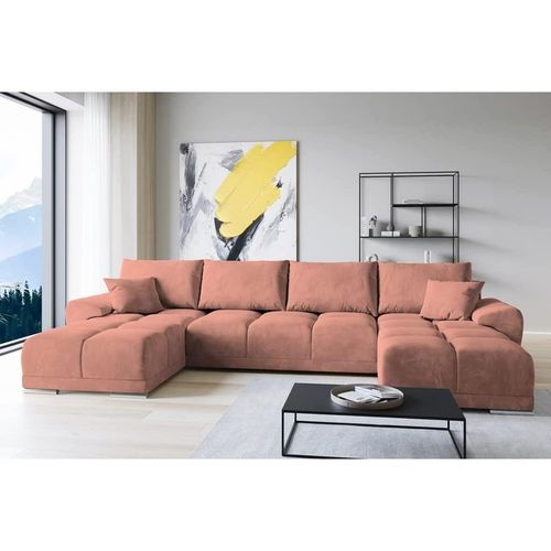 Set Velvet Ecksofa in L-Form 289 x 189 cm + Polsterhocker, Sofa mit Schlaffunktion, Fußhocker, Schlafsofa mit Bettkasten, Sitzpouf Farbe: Rosa