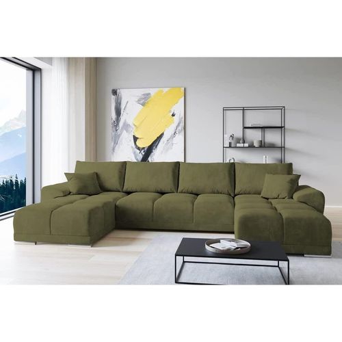 Set Velvet Ecksofa in L-Form 289 x 189 cm + Polsterhocker, Sofa mit Schlaffunktion, Fußhocker, Schlafsofa mit Bettkasten, Sitzpouf Farbe: Olive