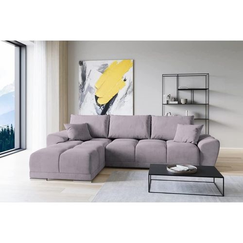 Set Velvet Ecksofa in L-Form 289 x 189 cm + Polsterhocker, Sofa mit Schlaffunktion, Fußhocker, Schlafsofa mit Bettkasten, Sitzpouf Farbe: Lila