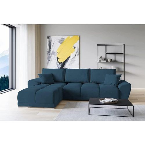 Set Velvet Ecksofa in L-Form 289 x 189 cm + Polsterhocker, Sofa mit Schlaffunktion, Fußhocker, Schlafsofa mit Bettkasten, Sitzpouf Farbe: Blau