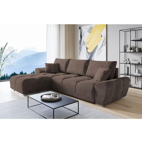 Set Velvet Ecksofa in L-Form 289 x 189 cm + Polsterhocker, Sofa mit Schlaffunktion, Fußhocker, Schlafsofa mit Bettkasten, Sitzpouf Farbe: Braun