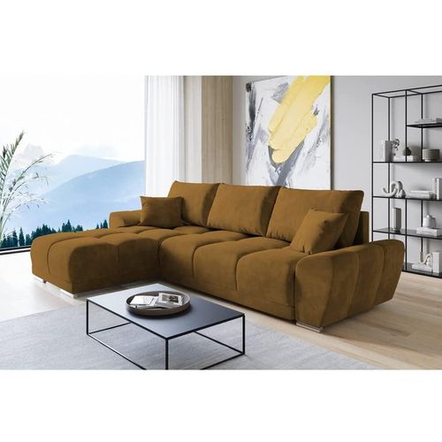 Set Velvet Ecksofa in L-Form 289 x 189 cm + Polsterhocker, Sofa mit Schlaffunktion, Fußhocker, Schlafsofa mit Bettkasten, Sitzpouf Farbe: Senf