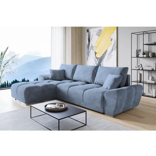 Set Velvet Ecksofa in L-Form 289 x 189 cm + Polsterhocker, Sofa mit Schlaffunktion, Fußhocker, Schlafsofa mit Bettkasten, Sitzpouf Farbe: Blau