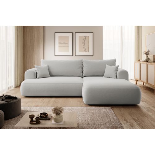 Selsey Ovo - Ecksofa mit Schlaffunktion, Bettkasten, Ottomane rechts, Easy-Clean-Veloursbezug in Grau