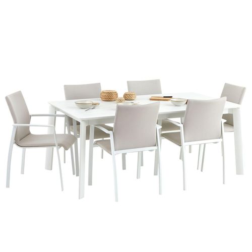 Gartenmöbel Set VERANO, weiß/beige - mit 6 Stühlen und ausziehbarem Gartentisch, Aluminium und wetterfeste Textilene, stapelbar, strapazierfähig, Outdoor-Möbel, Balkonmöbel, Terrassenmöbel