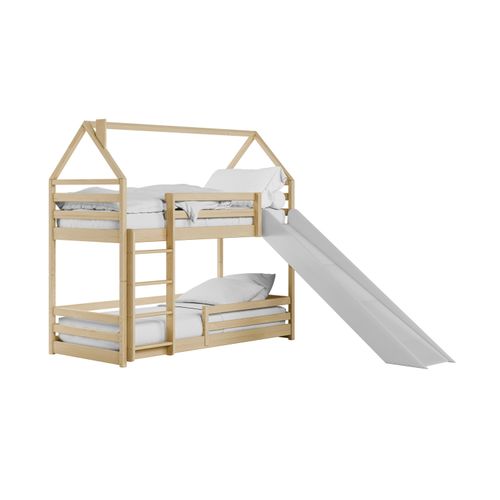 Hochbett mit Rutsche 90x200 cm, Hausbett, Etagenbett mit Rausfallschutz und Leiter, Bett Bed Bodenbett Jugendbett Spielbett für 2 Kinder, Kinderzimmer Sicherheit, Stabil Kiefer Holz massiv, in Natur