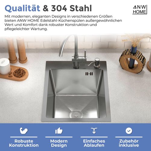ANW HOME Spülbecken Küche 40x50 cm mit Siphon, Abtropfgestell & Seifenspender 350ml, Waschbecken Küche Edelstahl 304 mit 2 HahnLöcher