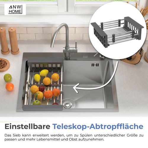 ANW HOME Einspülbecken INOX 60x50 mit Siphon, Abtropfgestell & Seifenspender 350ml, Waschbecken Küche Edelstahl 304 mit 2 HahnLöcher