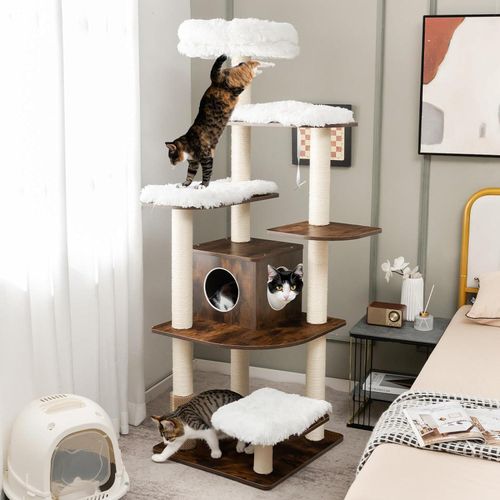 GOPLUS Katzenbaum 175cm hoch, Kletterbaum mit 6 Plattform, Katzenkratzbaum mit großen Höhle aus Holz, Spielbaum für Katzen, Katzenmöbel, Katzenstämme
