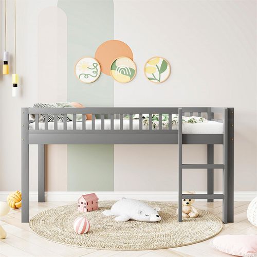 Kinderbett,Hochbett(grau)Massivholzbett mit Lattenrost, mit Sicherheitsleiter
