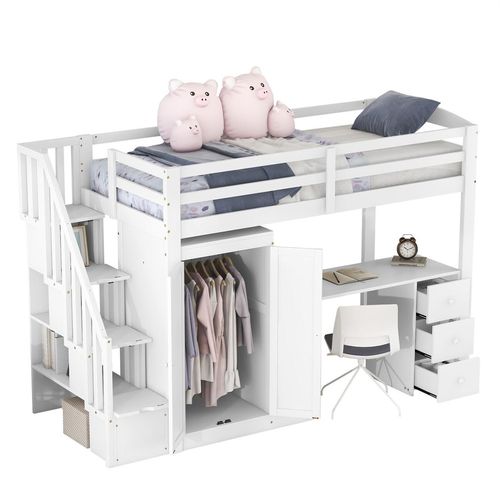 Hochbett mit Kleiderschrank und Treppe, Schreibtisch und Schubladen und Schrank in einem