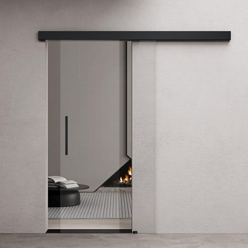 doporro Glasschiebetür komplettset 90 x 205cm Schiebetür mit ESG 15mm Wandabstand Zimmertür Glas Klarglas mit Stangengriff Schwarz