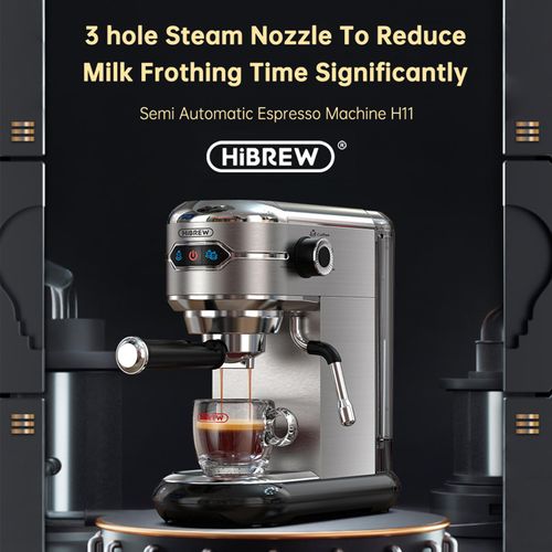 HiBREW Kompakte Kaffeemaschine mit Milchaufsch?umsystem, Touch-Steuerung, 19 Bar, Einzel- und Doppelportion, automatische Abschaltung, elektrische Kaffeemaschine mit 3-Loch-Dampfd¹se, abnehmbarer 1100-ml-Wassertank, funktioniert mit ESE-Pads und Kaffeepulver