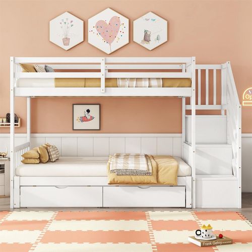 Etagenbett,Kinderbett Hochbett(Weiß)mit Ausziehbett,mit Lattenrost,Speicherbare Schritte, Zwei Schubladen,Kiefernholz,Minimalistisch