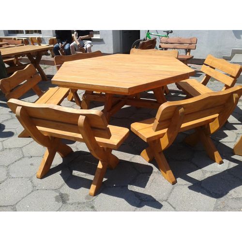 Gartenmöbel AR-12, Holzgartenmöbel, Terassensets, Tisch mit 6 Banke, Optional für 12 Personen.