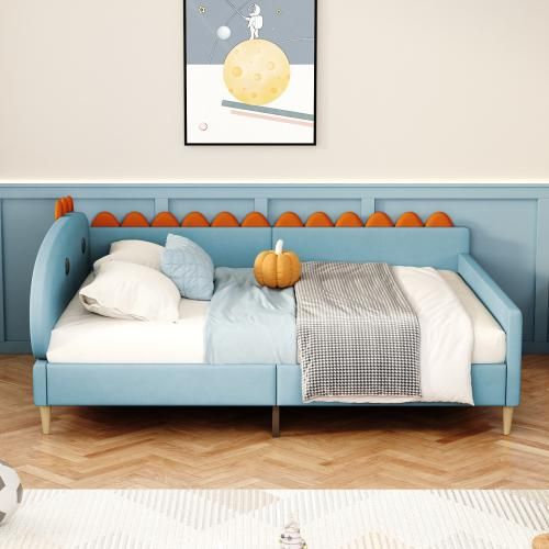 Kinderbett Polsterbett 140*200 cm, Dinosaurierform mit Ablagefächern, Multifunktionales Schlafsofa mit Rückenlehne und Armlehnen mit Lattenrost, Jugendbett, Doppelbett, Gästebett, Samtstoff