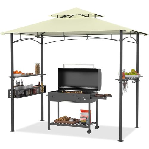 YUENFONG Gartenlauben Grill Pavillon Grillpavillon Partyzelt Doppelstöckige Schutzabdeckung Grillzelt mit Regalen und Ablagekörben für Party, Marktstand, Picknick, BBQ´s, 2.45 x 1.53m (Beige)