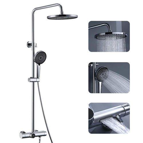 Duscharmatur Komplettset mit 25cm Rund Regendusche, 3 Strahlarten Duschkopf Silber