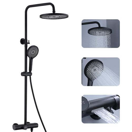 Duscharmatur Komplettset mit 25cm Rund Regendusche, 3 Strahlarten Duschkopf Schwarz