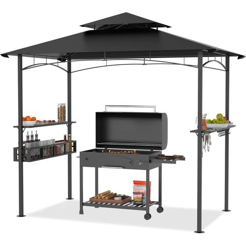 YUENFONG Gartenlauben Grill Pavillon Grillpavillon Partyzelt Doppelstöckige Schutzabdeckung Grillzelt mit Regalen und Ablagekörben für Party, Marktstand, Picknick, BBQ´s, 2.45 x 1.53m (Schwarz)