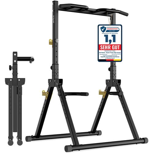 DH FitLife Faltbar Power Tower Dip Station – Klimmzugstation mit Dip-Barren & Hantelablage, Kraftturm, bis 150kg, Power Rack für Home Gym