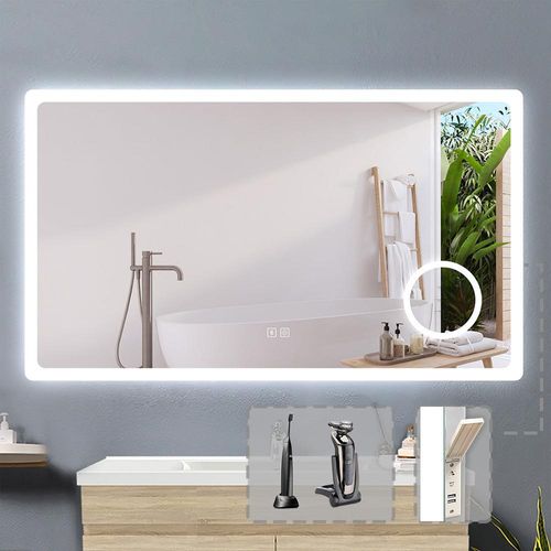 LED Badspiegel mit Steckdose 100x60cm Beschlagfrei 3 Lichtfarbe Dimmbar Bluetooth Speicherfunktion Wandspiegel mit 3X Schminkspiegel