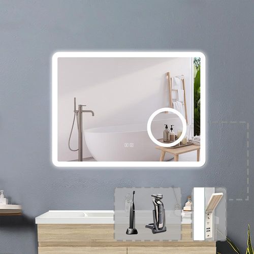 LED Badspiegel mit Steckdose 80x60cm Beschlagfrei 3 Lichtfarbe Dimmbar Bluetooth Speicherfunktion Wandspiegel mit 3X Schminkspiegel
