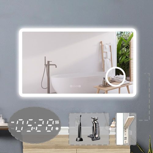 LED Badspiegel mit Steckdose 100x60cm Beschlagfrei 3 Lichtfarbe Dimmbar Uhr Speicherfunktion Wandspiegel mit 3X Schminkspiegel