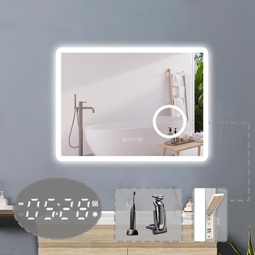 LED Badspiegel mit Steckdose 80x60cm Beschlagfrei 3 Lichtfarbe Dimmbar Uhr Speicherfunktion Wandspiegel mit 3X Schminkspiegel