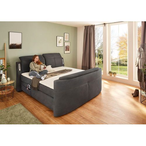Boxspringbett - Dunkelgrau - Mikrofaser - 180 x 200 cm - elektrisch ausfahrbare TV-Halterung