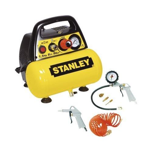 Stanley Kompressor DN200/8/6 inkl. 6 Zubehörteile - Luftkompressor 8 Bar - 6L - inkl. Luftpistole, Inflatorpistole, Spiralschlauch 5M und 3 Aufsätze - Gelb