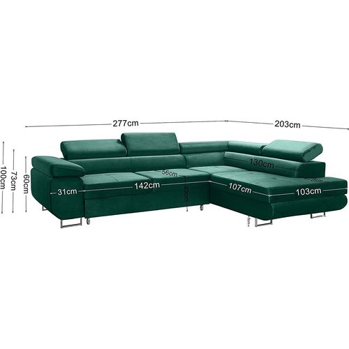 Avatar Velvet Ecksofa in L-Form 277 x 73 x 203 cm mit Schlaffunktion und Bettzeugbehälter - Schlafsofa mit Bettkasten - Eckcouch mit Stauraum - Links - Farbe: Monolith Blau (MO77)