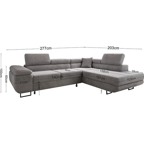 Avatar Kord Ecksofa in L-Form 277 x 73 x 203 cm mit Schlaffunktion und Bettzeugbehälter - Schlafsofa mit Bettkasten - Eckcouch mit Stauraum - Rechts - Farbe: Kord Senf