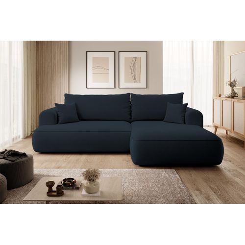 Selsey Ovo - Ecksofa mit Schlaffunktion, Bettkasten, Ottomane rechts, Easy-Clean-Veloursbezug in Dunkelblau