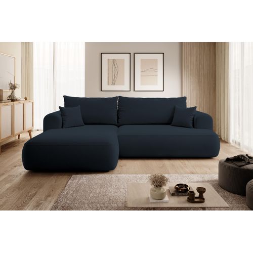 Selsey Ovo - Ecksofa mit Schlaffunktion, Bettkasten, Ottomane links, Easy-Clean-Veloursbezug in Dunkelblau