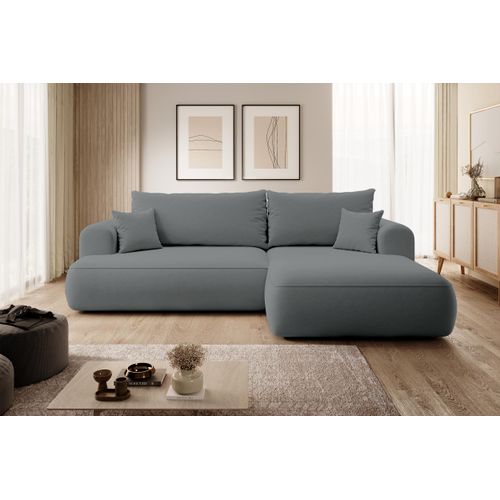 Selsey Ovo - Ecksofa mit Schlaffunktion, Bettkasten, Ottomane rechts, Easy-Clean-Veloursbezug in Dunkelgrau