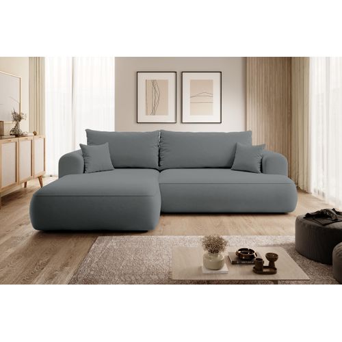 Selsey Ovo - Ecksofa mit Schlaffunktion, Bettkasten, Ottomane links, Easy-Clean-Veloursbezug in Dunkelgrau