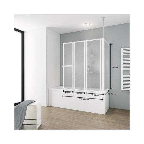 Badewannenaufsatz 3-teilig mit Seitenwand SCHULTE Komfort 128,8 x 140 cm Glasdekor Tropfen Profilfarbe weiß D1511 04 01 140