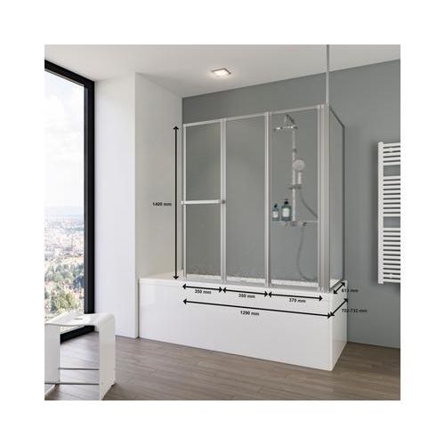 Badewannenaufsatz 3-teilig mit Seitenwand SCHULTE Komfort 1290,0 x 140 cm Glasdekor Tropfen Profilfarbe aluminium D1603-B 01 01 140