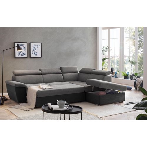 Ecksofa Antero in der Farbkombination Grau/Schwarz mit Bettfunktion und 5 verstellbaren Kopfstützen 262x80-92x216
