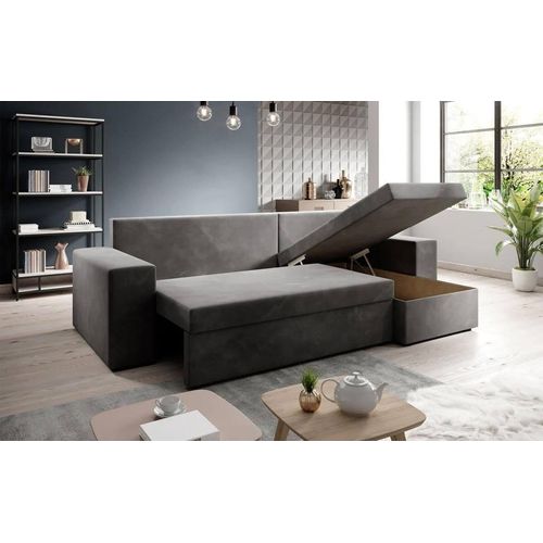3 Sitzer Ecksofa ANTONIO ALICE - 248x147x81cm, Ottomane links oder rechts, Schlaffunktion & 2 Bettkästen, Eckgarnitur, Samtbezug in Beige