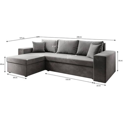 3 Sitzer Ecksofa ANTONIO ALICE - 248x147x81cm, Ottomane links oder rechts, Schlaffunktion & 2 Bettkästen, Eckgarnitur, Samtbezug in Schwarz