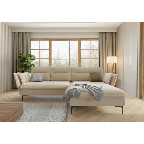Ecksofa Egon mit Schlaffunktion und Bettkasten aus Beige Samt-Stoff mit hohen schwarzen Metallfüßen, B/T/H: 260 cm/ 168 cm / 91 cm, Ottomane rechts