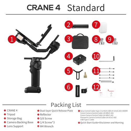 ZHIYUN CRANE 4 Standard-Handheld-3-Achsen-Kamera-Gimbal-Stabilisator, 6 kg Tragkraft, eingebautes 10-W-LED-Fuelllicht, PD-Schnellladeakku mit Mini-Stativ, Tragetasche, Ersatz fuer Canon Nikon Sony DSLR-Kamera