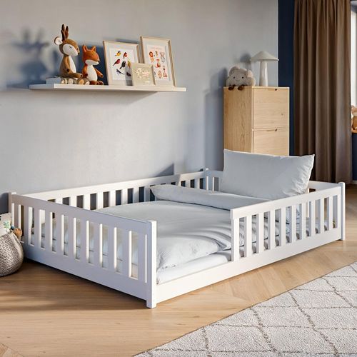 Kinderbett Bodenbett 140x200 cm mit Rausfallschutz & Lattenrost in weiß Mädchen Jungen Bett Jugendbett Einzelbett 140x200 cm