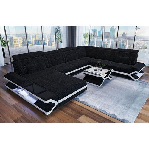 Stoffsofa Wohnlandschaft Napoli XXL mit Licht USB Webstoff Strukturstoff