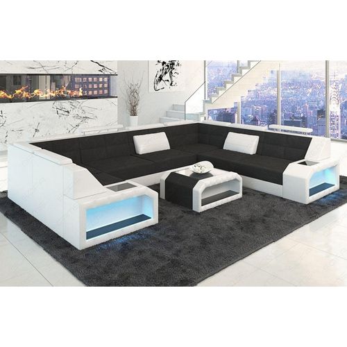 Stoffsofa Wohnlandschaft Pesaro mit Licht USB Webstoff Strukturstoff
