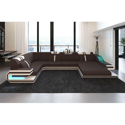 Stoffsofa Wohnlandschaft Ravenna mit Licht USB Webstoff Strukturstoff