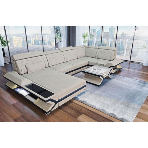 Stoffsofa Wohnlandschaft Napoli mit Licht USB Webstoff Strukturstoff