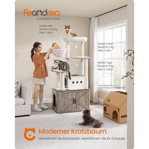 Feandrea Kratzbaum, Katzenklo-Schrank, erhöhte Fressnäpfe, mehrstöckiger Katzenbaum, Kratzstämmen greige meliert